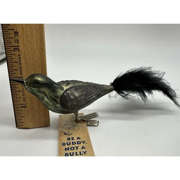 3 Blown Glass Bird Clip On Ornaments Feather Tails Gold & Black Glitter Vintage - Picture 12 of 16